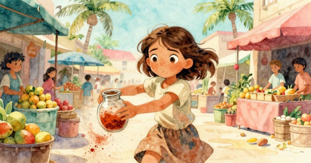 基拉穩定地推動發出香料塵跡的肉桂罐，香料如動態軌跡散開，市場氛圍充滿溫馨動感