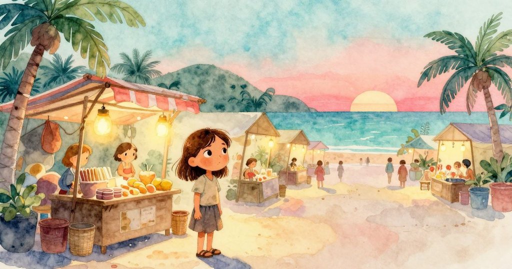 深夜香料攤位燈光微弱，基拉靜立於空寂攤位旁，肉桂罐留有淡淡香粉，場景平和延續未完故事