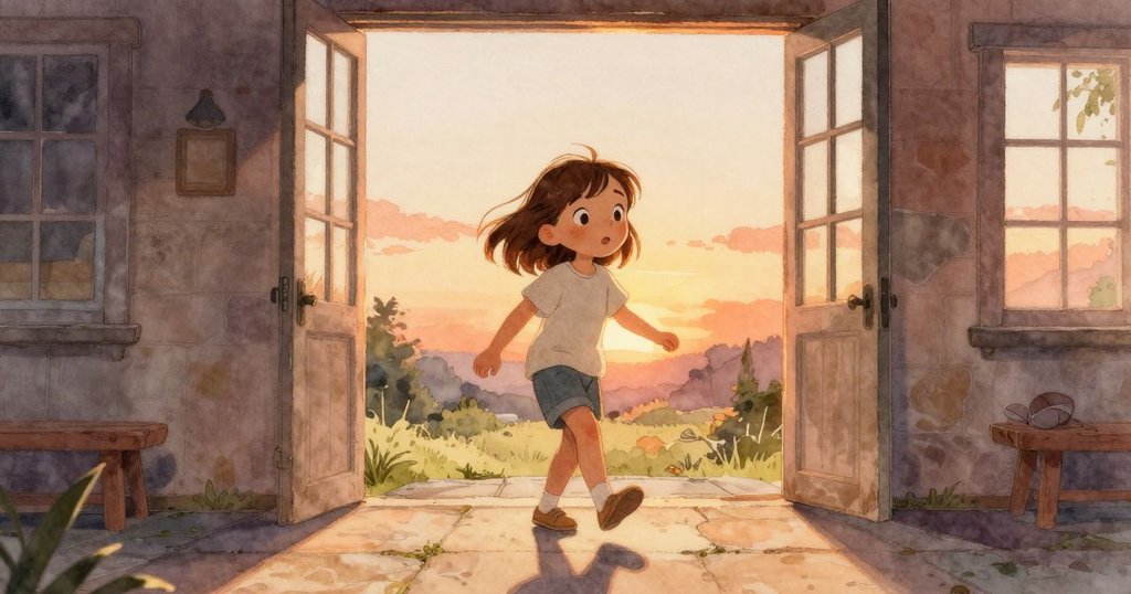 Iris 跨入門廊，正俯身觀察石板上留下的黏黏印記，神情好奇而期待，柔和夕陽映照背景。