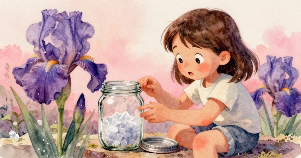 Iris 手中拿著玻璃瓶和掉落的金屬蓋，比較糖顆粒與露珠的細膩質感，夕陽映襯下呈現細緻對比情景。