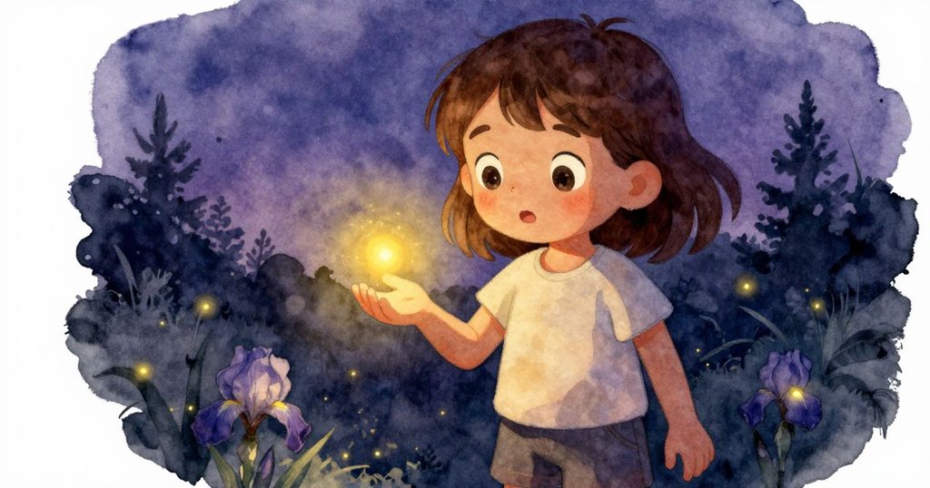 從小生物視角看，Iris 正輕柔捧起閃光螢火蟲，柔和光芒映亮玻璃瓶內，營造出充滿魔幻氣息的黃昏情境。