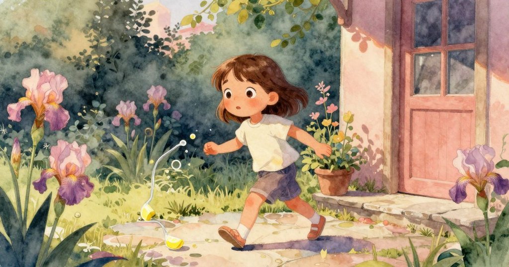 Iris 跨出石板踏入綠意庭院，沿著微滴檸檬水小徑前行，神情中透露著發現新奇事物的喜悅，夜色初現。