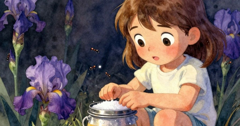 Iris 雙手緊握著附著糖晶的金屬蓋，專注觀察圍繞著甘露游動的螞蟻，面露決心與一絲緊張，黃昏氛圍濃厚。