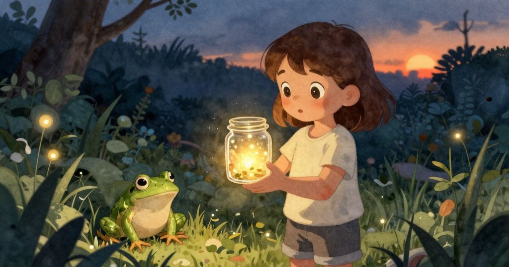 Iris 成功將發光螢火蟲引入密封瓶中，臉上展現滿足微笑，背景青蛙靜觀流水歸止，象徵寧靜與希望的結局。