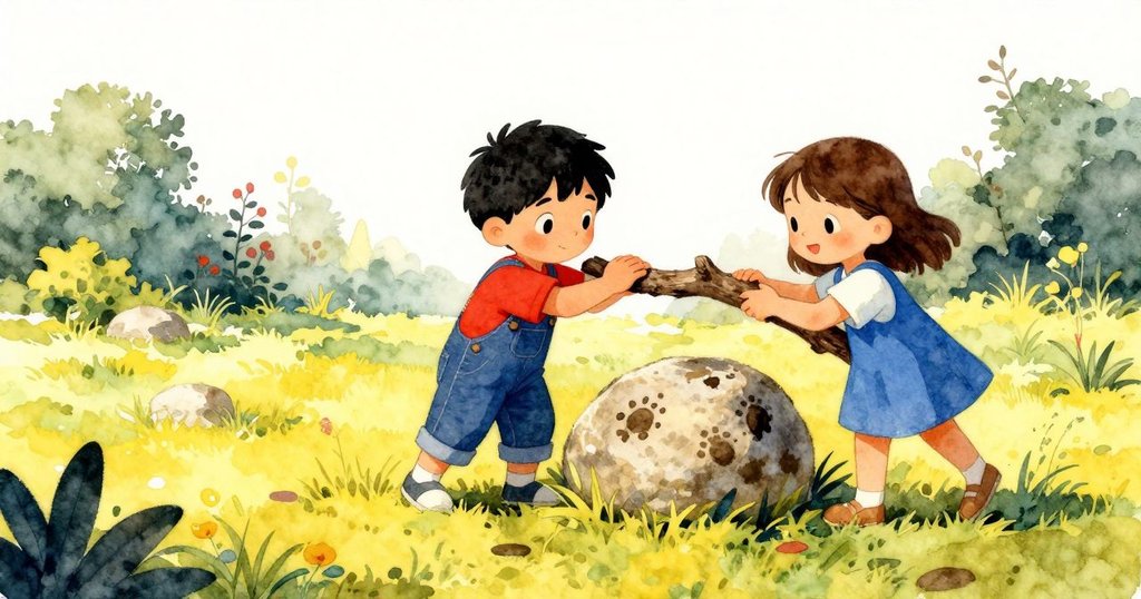 貝薩爾和薩奇在庭院中開始早晨工作，腳印、石頭和樹枝細節豐富，陽光柔和展現專注情緒。