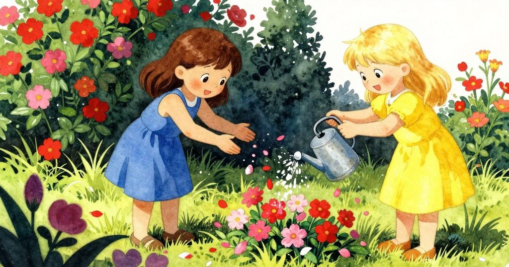 澤爾達在花園中澆灌鮮花，薩奇輕撫拾起飄落的花瓣，展現柔情與堅毅的鮮明對比，情緒愉快。