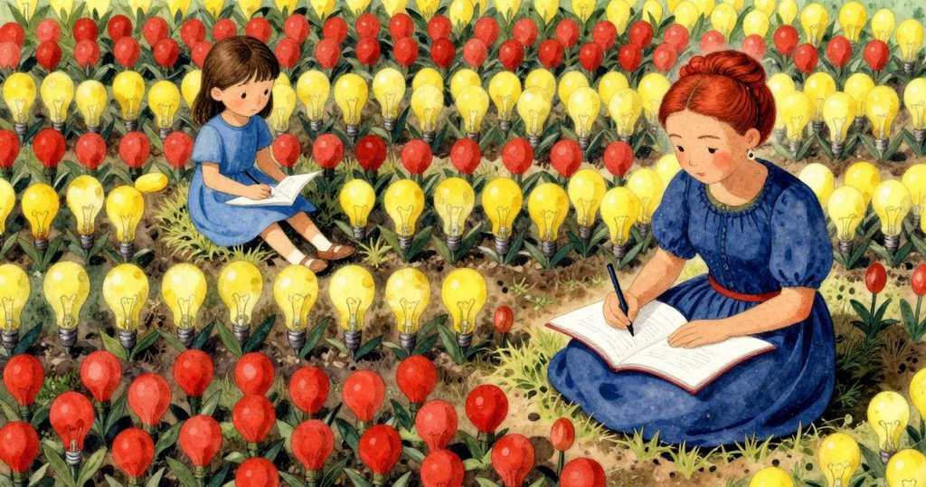 薩奇在庭園小徑邊用筆記本記錄花蕾形狀，弗麗達在背景細心排列花球，多層次構圖表現平靜與創造力。