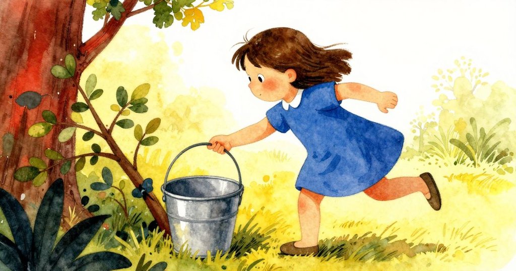 薩奇急趕向水桶時差點絆倒枝條，庭院中石塊和樹枝間流露出清新晨光，氣氛動態緊湊。