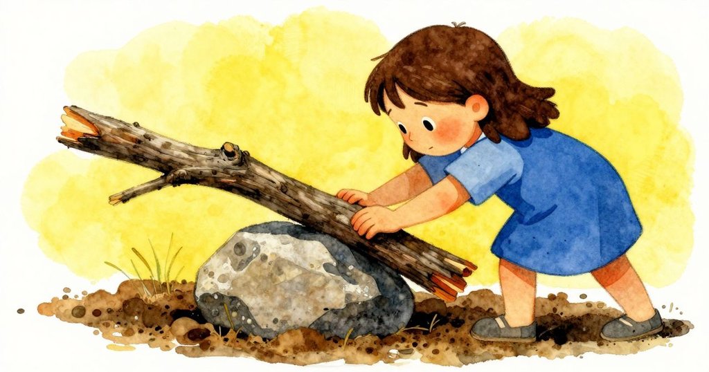 薩奇用力按壓樹枝，手掌觸及粗糙木紋，石頭微微傾斜揭示亮土，定格堅毅瞬間情緒濃烈。