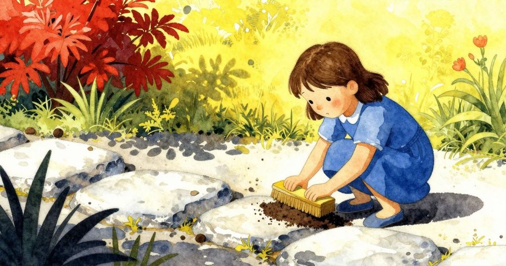 薩奇在庭院中輕拭石上泥土，露出明亮濕潤弧線，整個場景回歸平靜，傳達完成挑戰後的寧靜滿足。