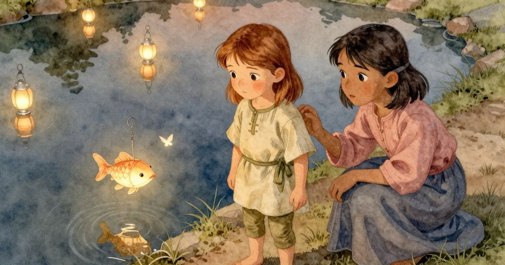 Hazel和Suki在夜幕下的池塘上方，燈籠閃爍，飛蛾輕舞，呈現魔幻與和諧的場景