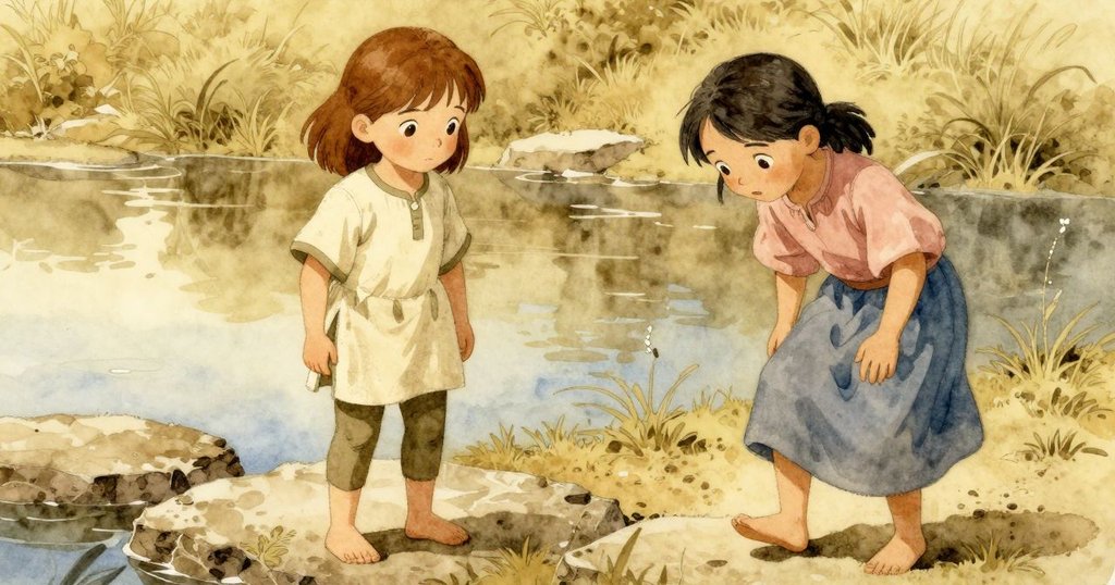 Hazel和Suki小心踏上粗糙石板，池邊靜謐中展現探索與堅定步伐的情感