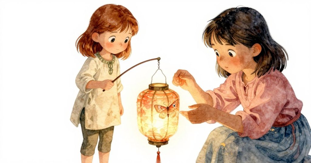 在傾斜視角下，小魚形燈籠與纖細飛蛾細節突出，柔和光線襯托責任感，情境精緻