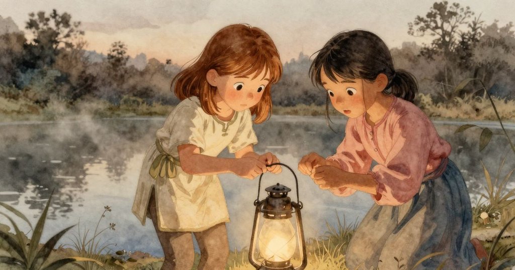 在黃昏柔光中，Hazel和Suki凝望變形燈籠，池面如鏡映出微妙光影，充滿責任的感受