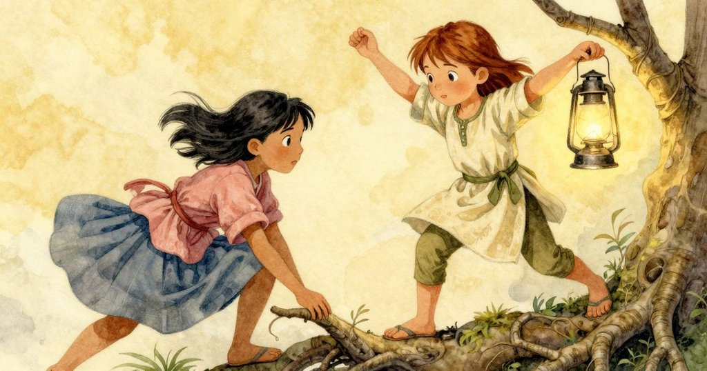 Suki爬上彎曲樹根提燈籠，Hazel在旁鼓掌注目，動態展現勇氣與協作精神，場景生動