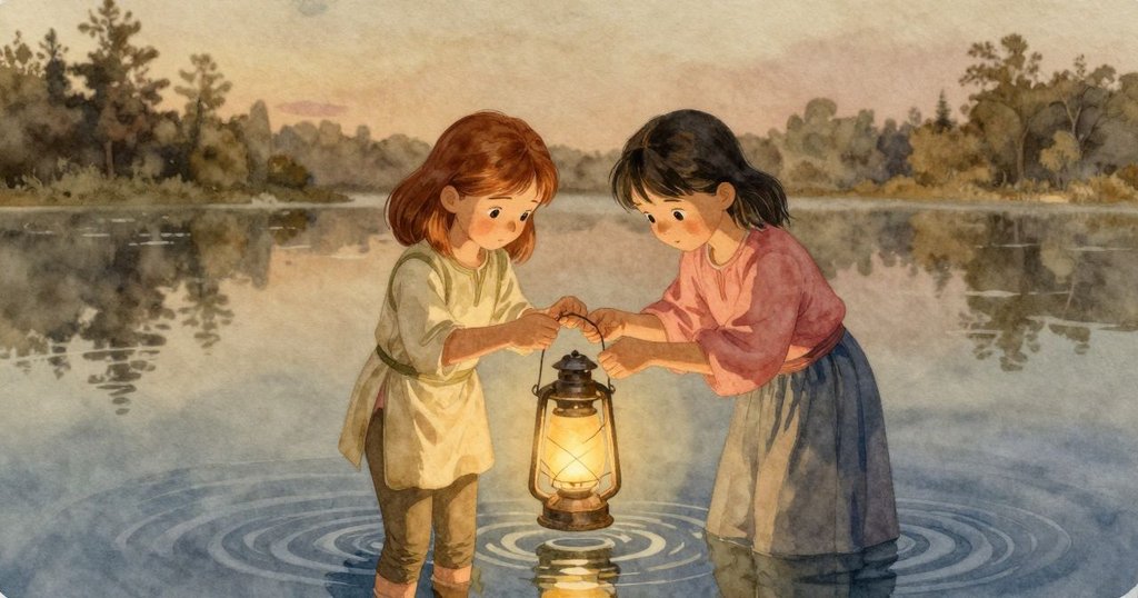Suki細心調整燈籠，Hazel微笑點頭，池面漣漪擴散，結局溫馨而圓滿，充滿安心感