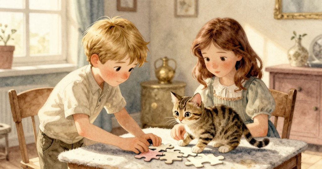 萊爾專心拼圖，奧黛特協助，家中客廳溫暖明亮，貓咪在旁好奇探索，充滿專注和和諧情緒