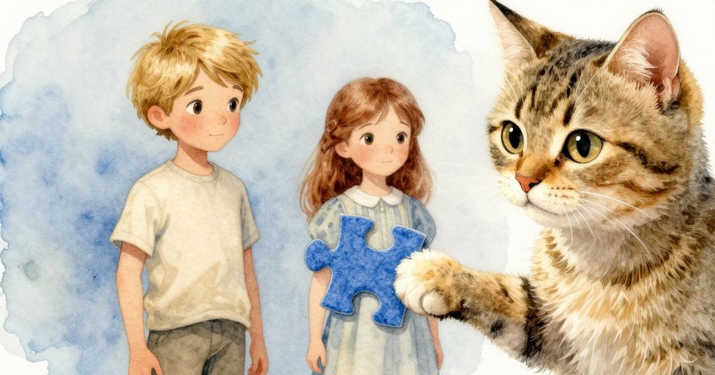 桌上柔軟拼圖布上藍色拼塊特寫，貓咪輕觸拼塊呈現微妙細節，溫柔光線映襯精緻紋理