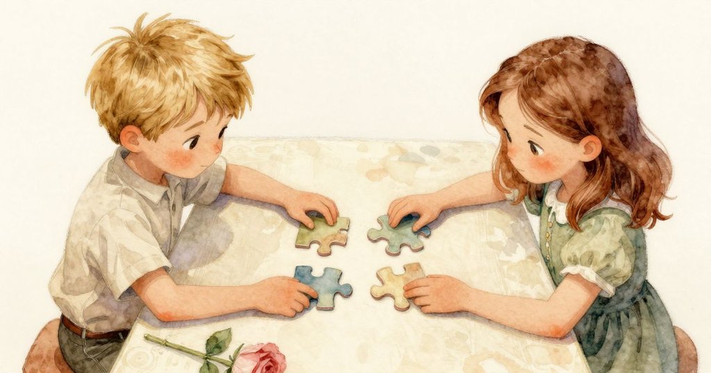 從上方俯視，萊爾與奧黛特同時伸手取拼塊，溫暖光線下展現專注與輕微碰觸，團隊合作情景