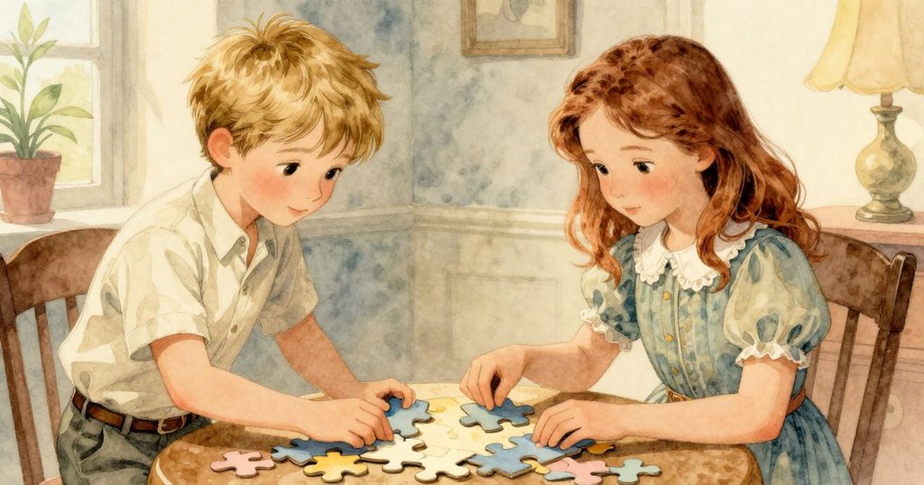 傍晚燈光下，奧黛特指導綠野拼塊，萊爾懸持藍色拼塊，室內安靜溫馨，燈光交織情感細膩