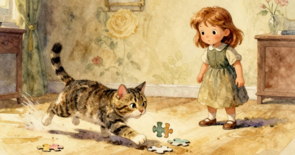 貓咪急追掉落拼塊，萊爾與奧黛特驚訝注視，桌上酸甜點心映襯動感情景，氣氛活躍