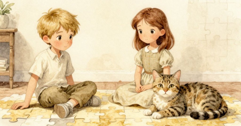 室內寬幅鏡頭展現拼圖接近完成，萊爾與奧黛特和諧安心，貓咪安眠旁邊，充滿寧靜滿足情感