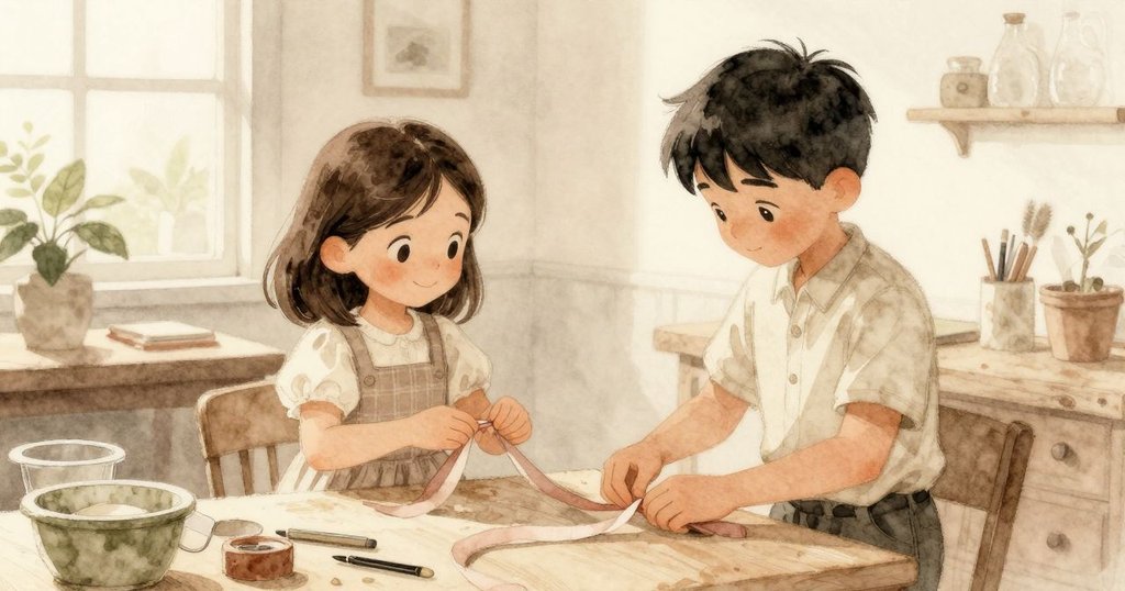 Zara與Ned在溫馨家居包裝站中忙碌準備，透過窗戶照進柔和光線，現場充滿細膩絲帶和工具，氣氛寧靜專注