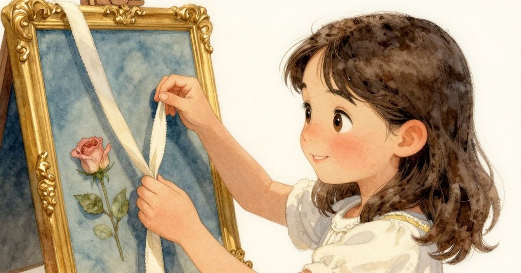 Zara專注測量乳白色絲帶，面容流露出輕微憂慮細緻手勢在展示台前操作，傳達出專注與期待的情緒