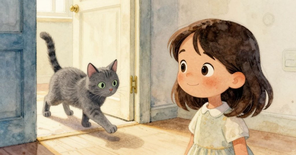 透過半開門縫遠眺見Zara迅速伸手接住搖晃花盆，背景中灰色貓咪悄然穿梭，現場洋溢著家居溫暖氣息