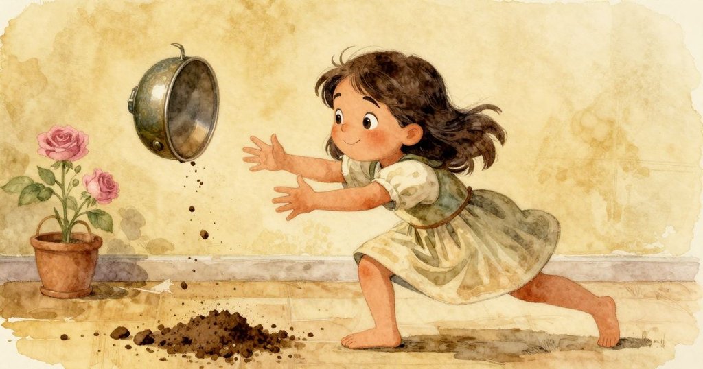 Zara奮力沖向搖晃花盆，雙手及時接住花盆，沾染黏土，動作充滿挑戰與堅定，瞬間緊張激昂