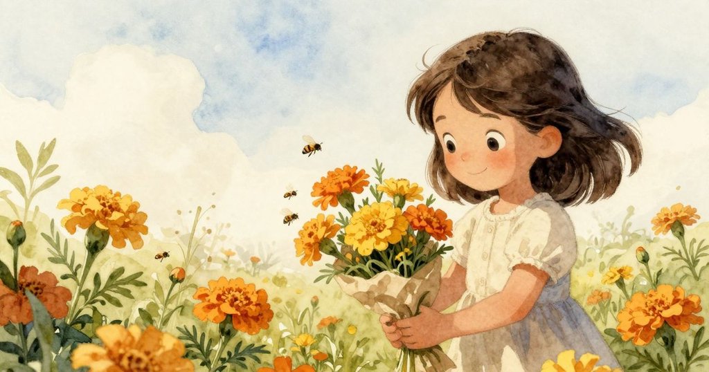 Zara在戶外溫馨場景中輕放包裝整齊的花束，金盞花間蜜蜂翩翩飛舞，整體氛圍充滿希望與淡淡詩意