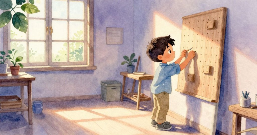 Axel在清晨走進工作室，仔細檢查缺失細節的掛板，燦爛朝陽映照，充滿期待與溫暖。