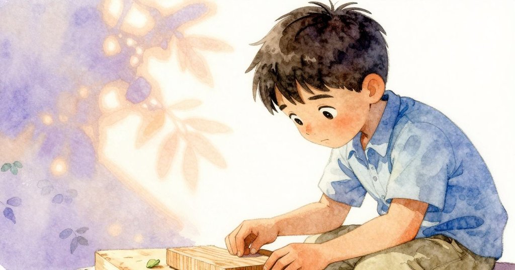 Axel專注品味木材的甜香與溫潤變化，臉上流露出好奇與滿足的情感，背景柔和溫暖。