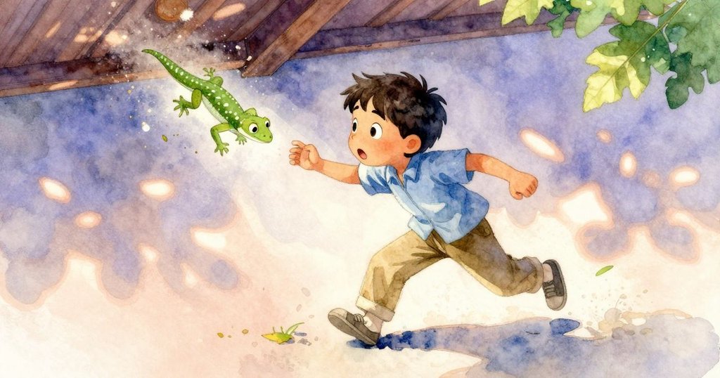 壁虎因木節斷裂聲驚跳，輕盈尾巴甩動帶起塵埃形成奇幻光影，畫面充滿活力與驚訝。