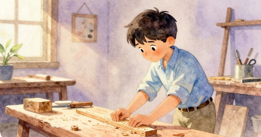 Axel回想起木材斷裂聲及隨之展開的紙張，工作室呈現柔和懷舊色調，情感既深且溫馨。