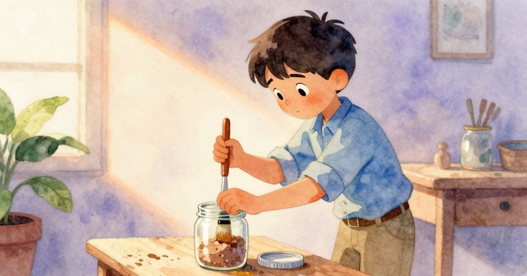 Axel迅速動作使用刷子控制滾動瓶蓋，防止油液外溢，細小蜘蛛靜靜落下，展現專注與細膩互動。