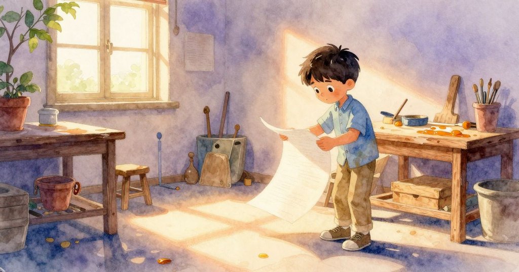 Axel在夕陽餘暉下靜立欣賞展開的紙張與轉變為暖色調的木材，充滿寧靜與圓滿的情感。