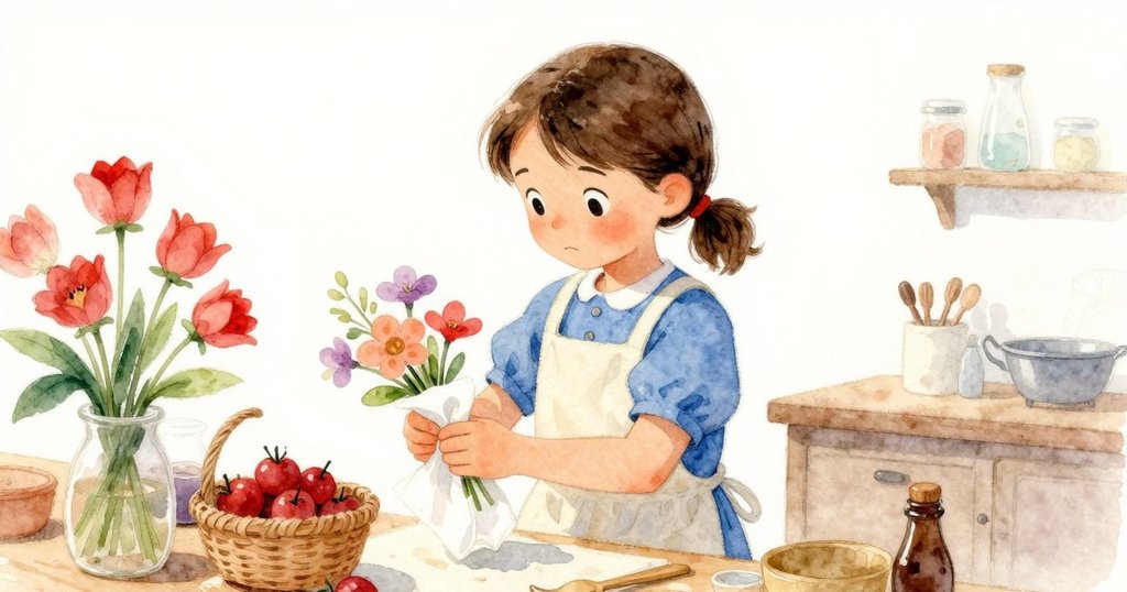 霍莉專注操作濕潤紙巾包裹花束，手部細節與鮮豔玫瑰清晰呈現，工作台上充滿工具與紙捲