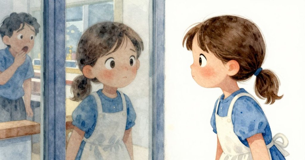 玻璃門反射中，霍莉專注面容與驚訝顧客同時出現，冷風吹動花枝，光影對比鮮明