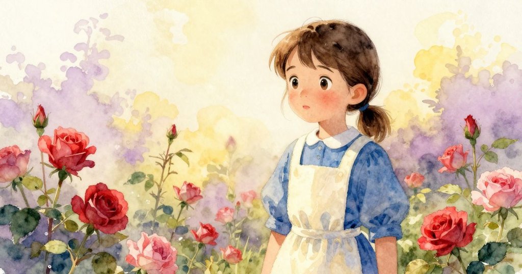 霍莉回憶當天展覽挑選春玫，柔和色調交織現在與過去，花展背景模糊溫暖，充滿懷舊情懷