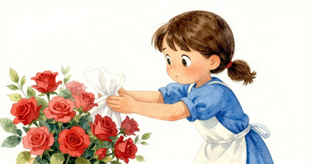 霍莉果斷舉起花束，保護乾燥紙角免受霧氣侵襲，神情堅定，工作台上霧氣瀰漫呈現重要決策時刻