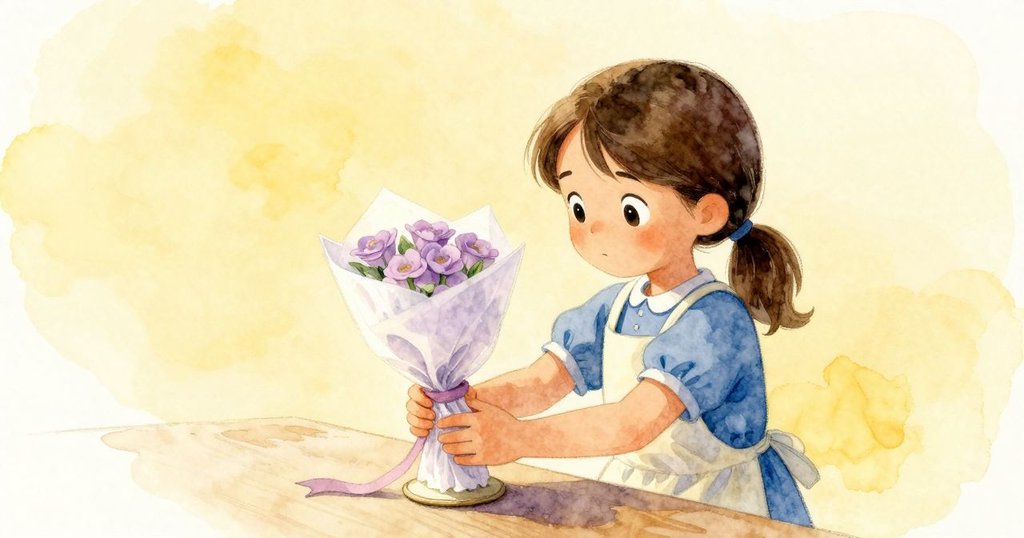 霍莉完成三層紙包花束，輕靠髖部，旁邊絲帶卷輕搖，包裝台環境溫暖平靜，展現成功完成任務