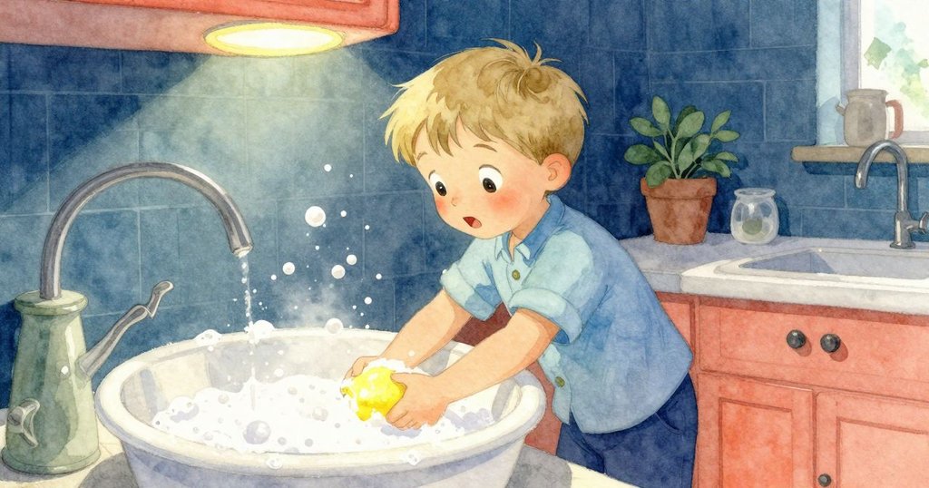 York好奇地俯身於充滿泡沫的廚房水槽前，看到神秘綠色形狀浮動，背景顯示明亮溫馨的廚房環境