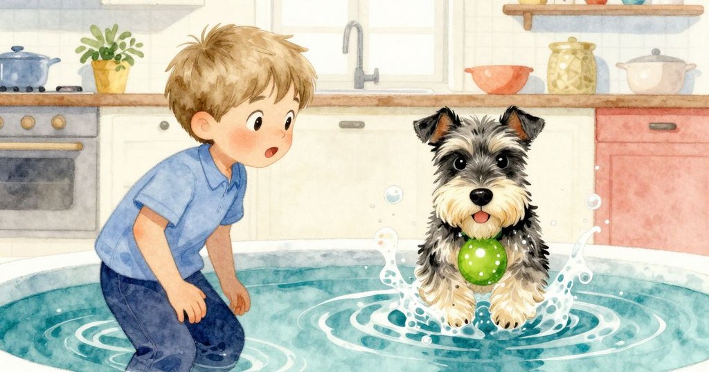 從York視角看見綠色形狀在泡沫中潛入彈起微波，廚房內明亮光線中充滿好奇探索的情感