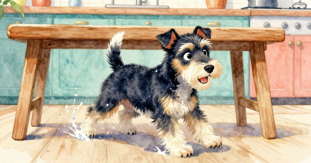 家庭小狗在凳子下活躍奔跑，水滴飛濺至York腳踝，廚房內充滿生動歡快互動情景