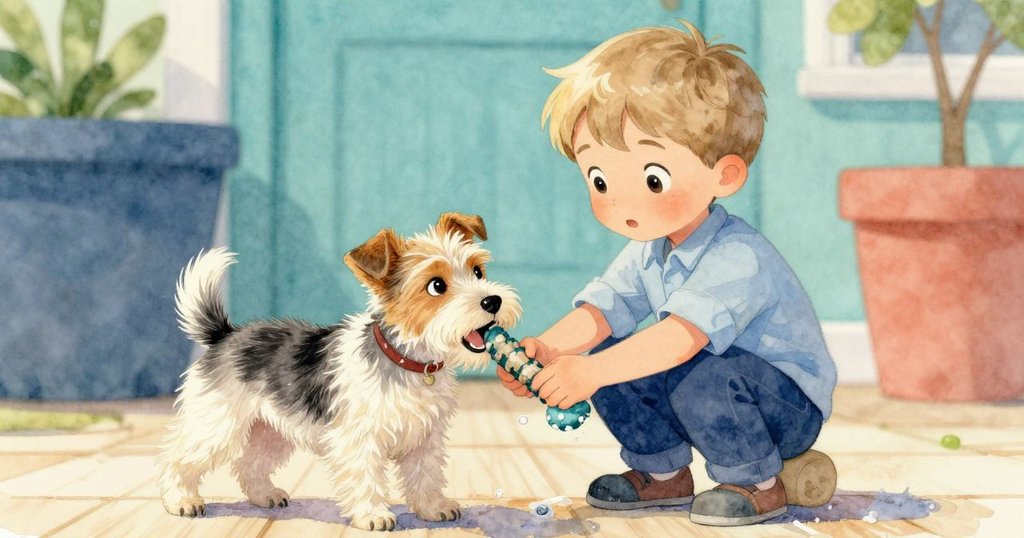 York把濕潤玩具輕輕放在小狗旁，溫暖午後光線中，廚房與花園交錯背景下呈現解決問題後的平和喜悅