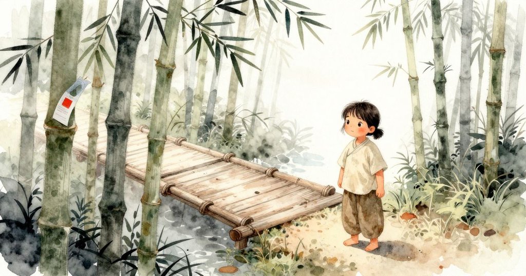 從空拍角度看竹林，雅拉在石砾路上輕步前行，一根傾斜竹子隱現摺紙頁，環境靜謐而溫暖