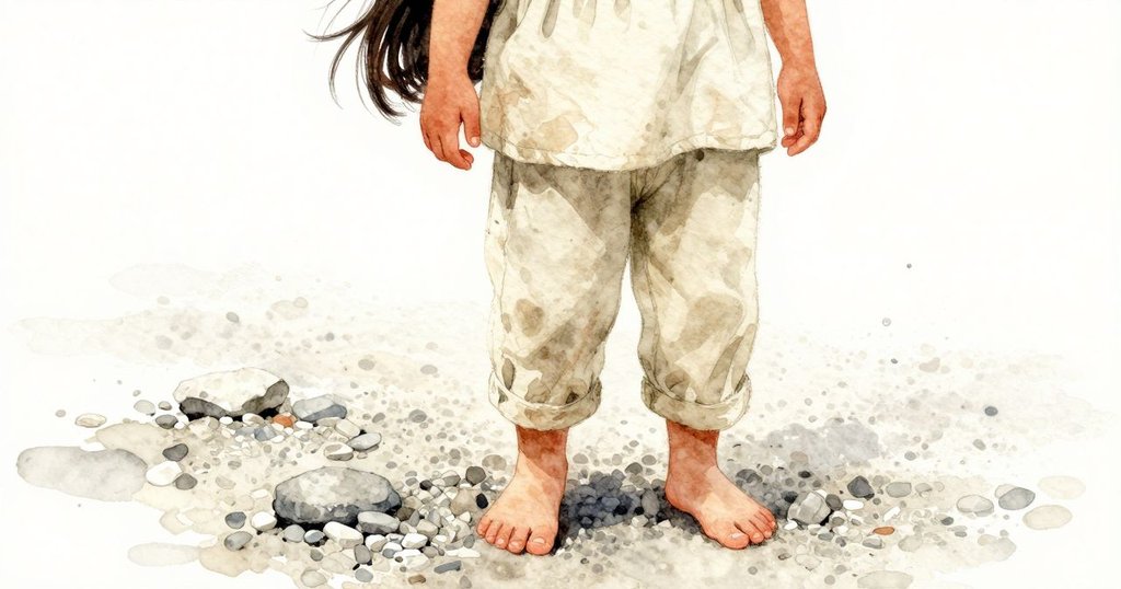 近景描繪雅拉步行在石砾路上，腳步踏過細小石子，動作輕盈，環境溫暖且充滿細節