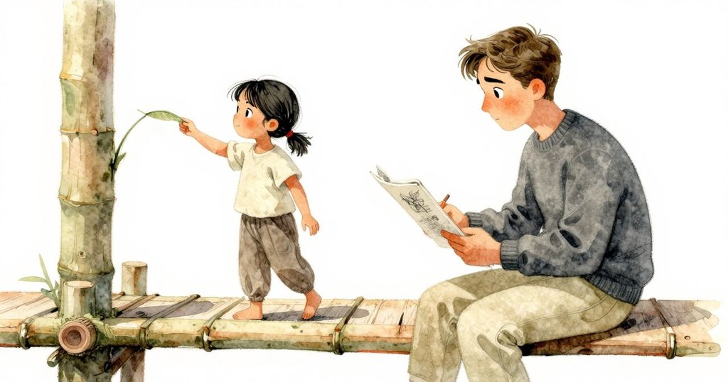 中景中，菲力克斯站在竹橋上輕觸傾斜竹子，雅拉伸手夾取紙頁，兩人動作細膩調和，環境洋溢溫馨感