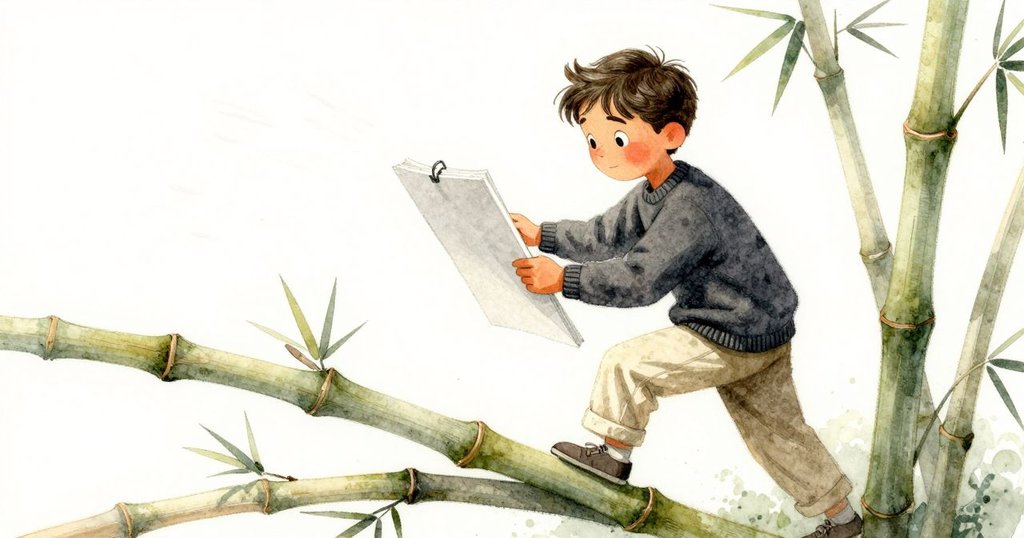 動態場景中，菲力克斯因風中竹子搖曳觸碰肘部，沉重素描本橫滑竹橋，動感十足且稍帶驚訝